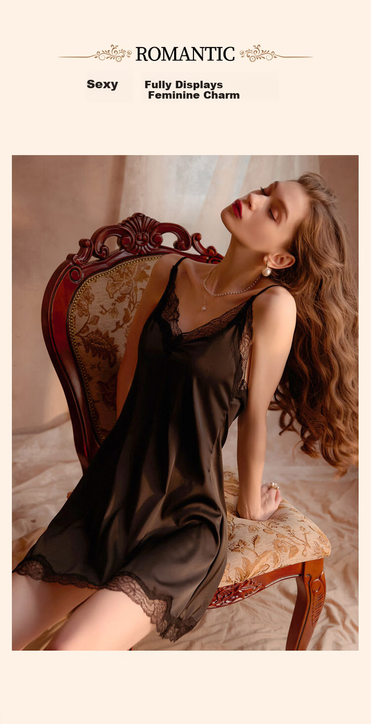 Miiow Women's Ice Silk Luxury Sexy Lace Pure Desire Style Spring Summer New Ice Snow Silk Camisole Nightdress 8