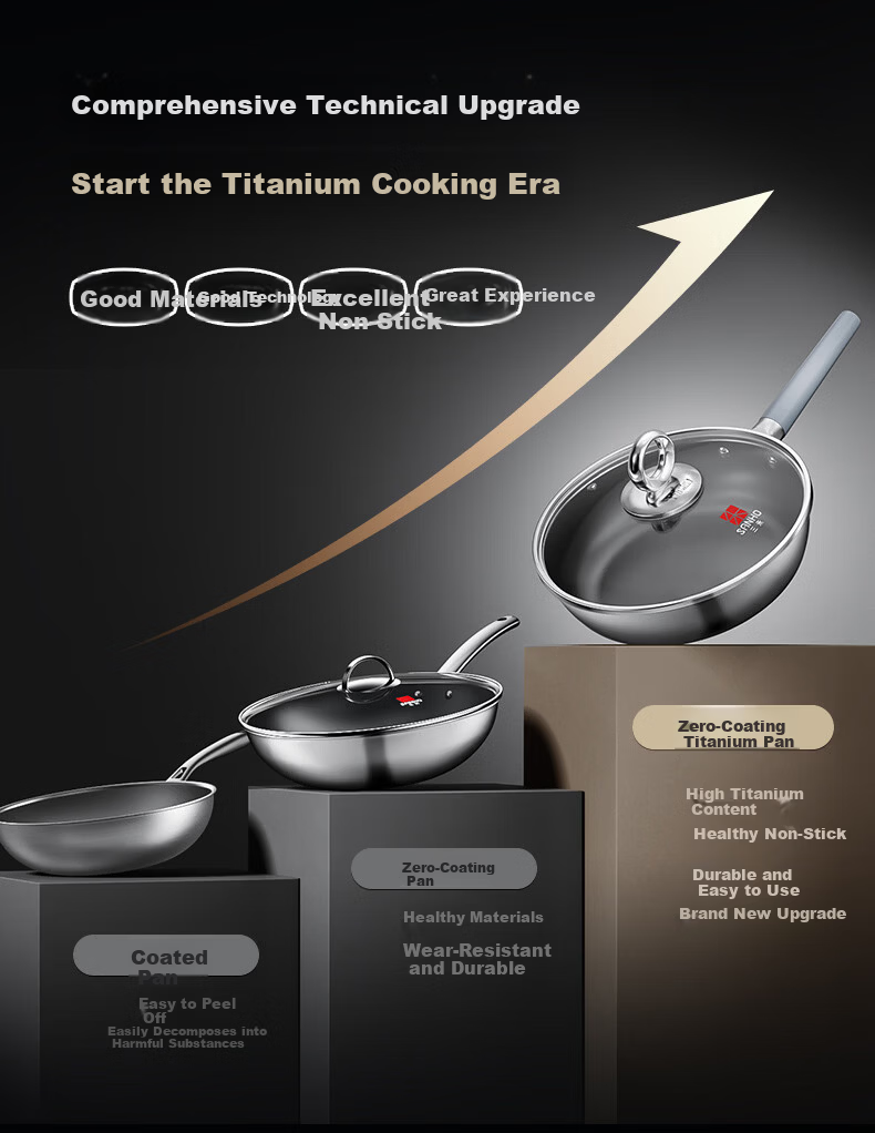 Sanhe 0-Coating Frying Pan Non-Stick 304 Titanium Stainless Steel Induction Cooker Compatible 3