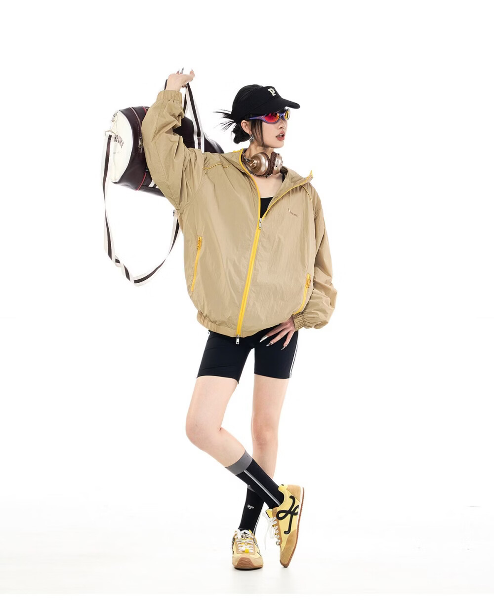 ICH MODE Colorblock Physical Sunscreen Jacket Women Spring Summer New Hooded UV Protection Coat Light Blue M 30
