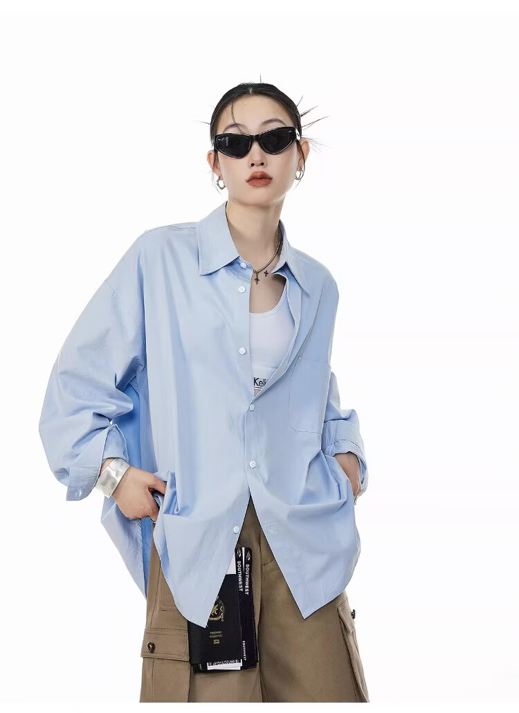 ICH MODE Blue Long Sleeve Women's Shirt Summer Loose Casual Blouse Versatile Trendy Top Jacket Blue S 28
