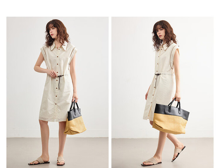 Demana [Comfort Oxygen Cotton Series] Summer Commuter Striped Color-Block Trim Polo Collar PU Belt Mid-Length Dress for Women 11