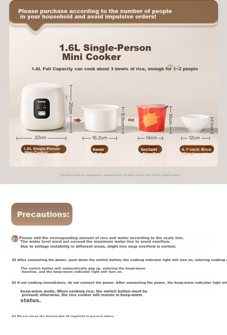 SUPOR Rice Cooker 1-2 People 1.6L Large Capacity Titanium Ceramic Non-Stick Inner Pot Mini Smart Multifunctional Micro Pressure Rice Cooker One-Key Keep Warm Quick Cook F16R1091 16