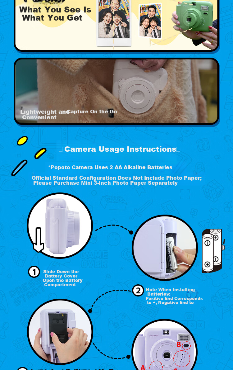 Popoto Mini X Instant Camera, One-Step Imaging Camera, Universal 3-Inch Film, Portable Travel-Specific, Birthday Gift for Girlfriend, Lavender Purple Standalone Device 4