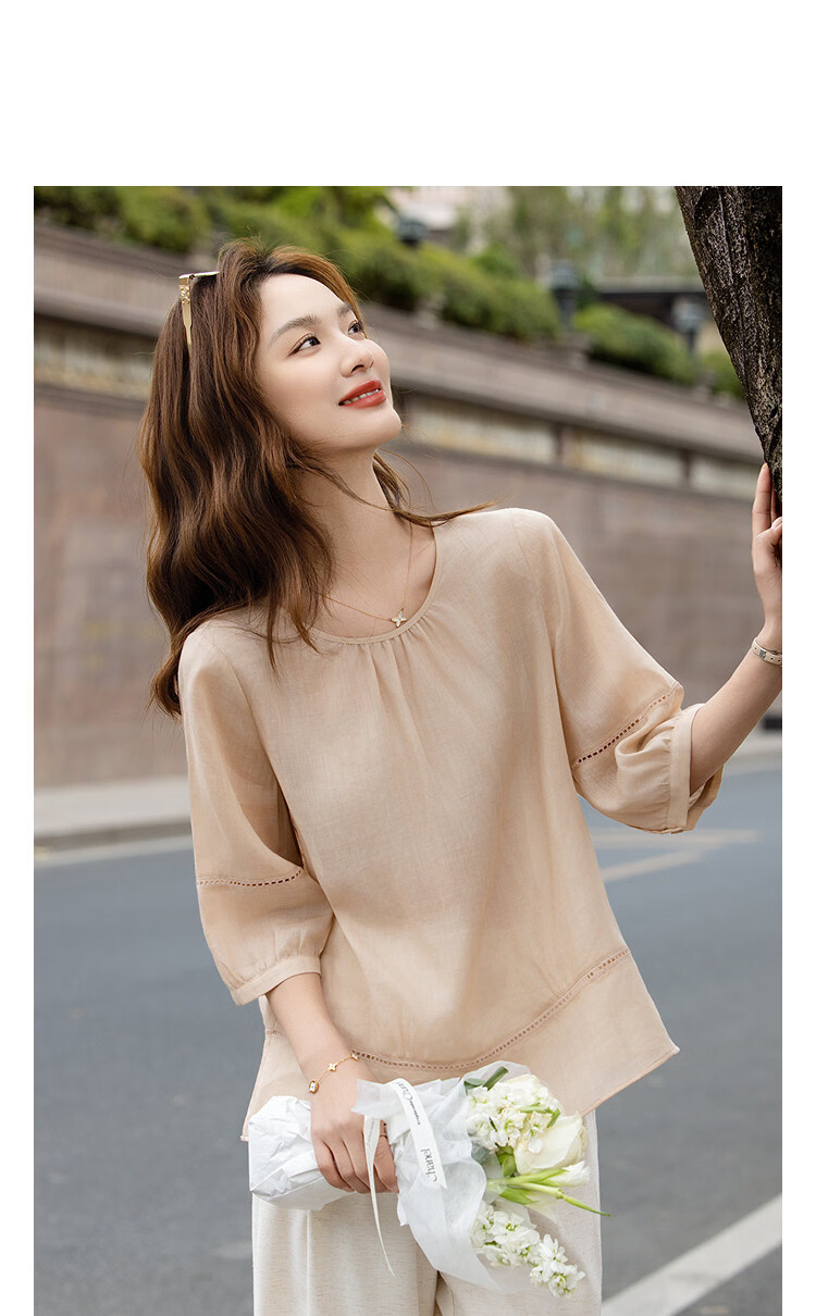 Demana [Ramie Lyocell Blend] Summer Round Neck Hollow Out Small Lace Loose Slimming Concealing Shirt for Women Premium Feel 14