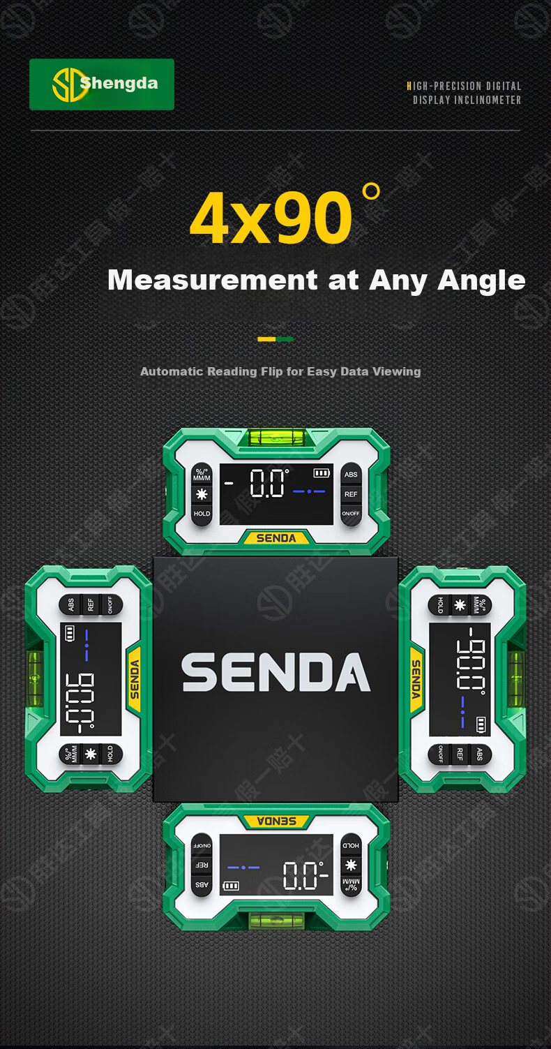 Shengda High-Precision Digital Inclinometer Box Electronic Digital Display Green Light Level with Magnetic Angle Meter Slope Gradient Ruler 4