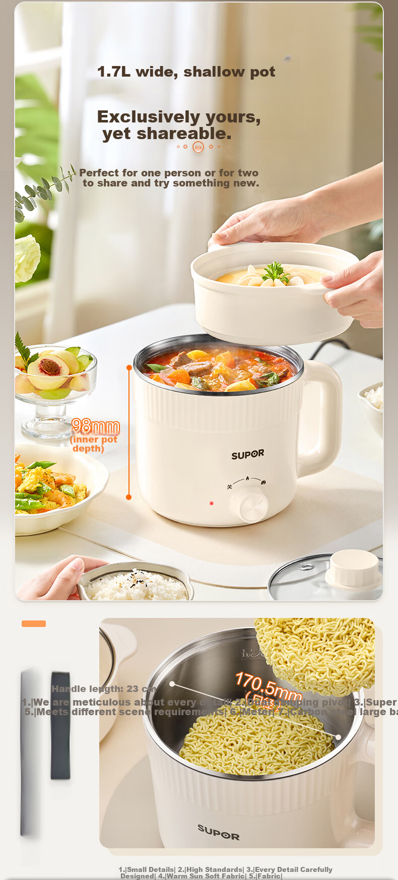 SUPOR Stainless Steel Electric Cooking Pot 0-Coating Small Electric Steamer Multi-Functional Household Dormitory Instant Noodle Mini Hot Pot with Steaming Rack Small Stewing Pot Integrated Steaming an 5