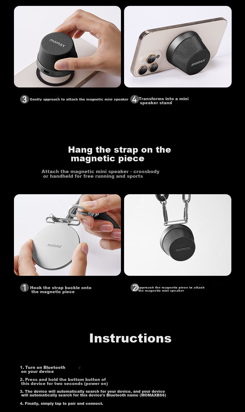 MOMAX Magnetic Wireless Waterproof Mini Outdoor Bluetooth Speaker Bathroom Surround Portable High-Quality Sound for Sports Home Car Desktop with Stand and Lanyard Gift Set 6