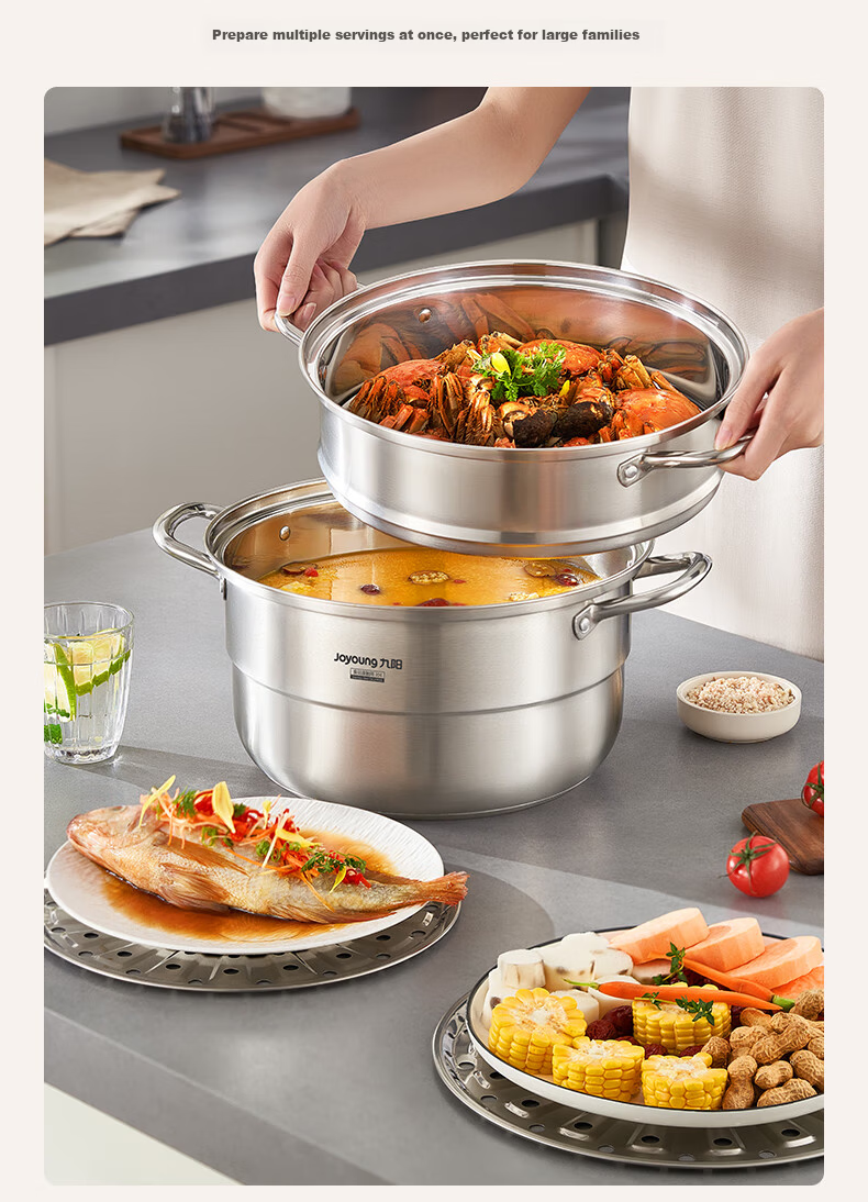 Joyoung 26cm 304 Stainless Steel Multifunctional Steamer for Induction Cooker and Gas Stove, Wooden Steamer Pot, Home Use 5