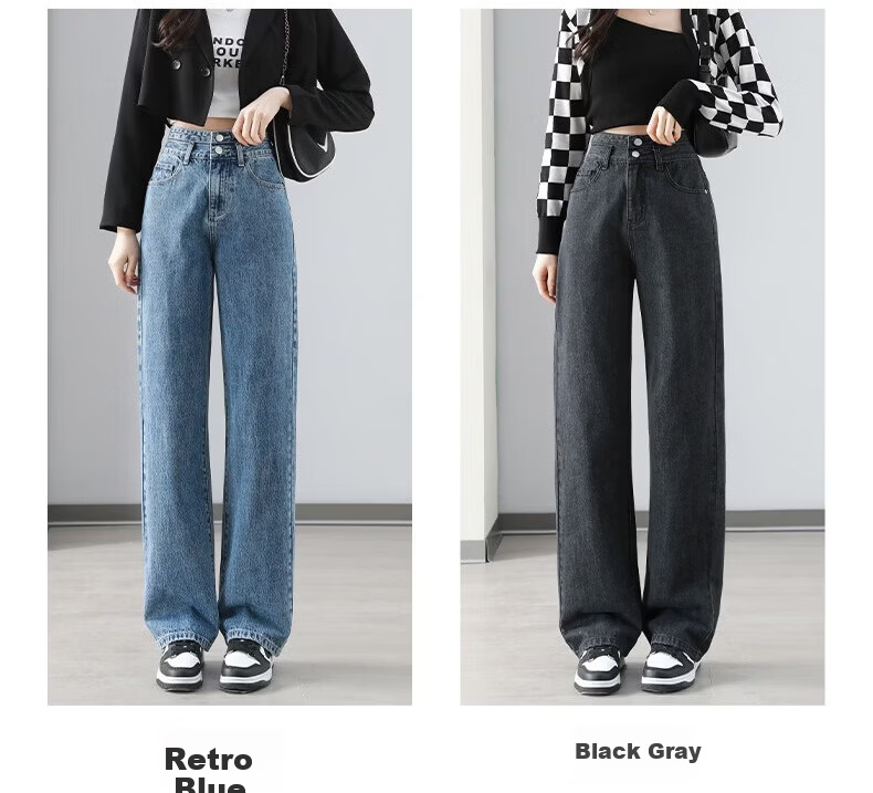 Romon High Waist Slimming Women's Jeans Summer Double Button Draped Loose Straight Wide Leg Pants Black Gray M 8