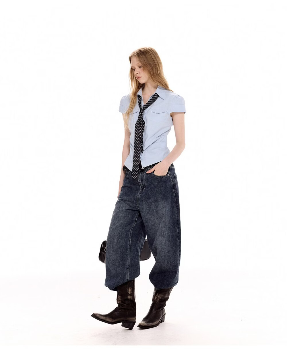ICH MODE Pleated Waist-Tie Short Sleeve Shirt Women Summer New Slim Fit Pocket Blouse Waist-Cinching Shirt Jacket Blue S 7