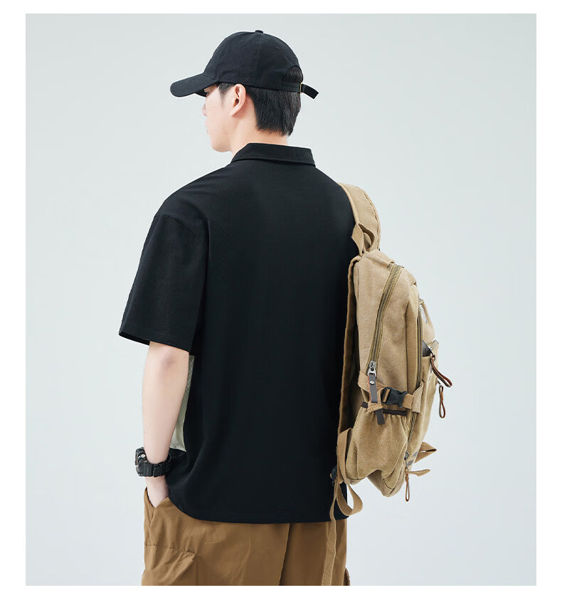 Fingercroxx American Style Patchwork Short Sleeve Polo Shirt Men Summer Loose Fit Casual Lapel Top Black M 14