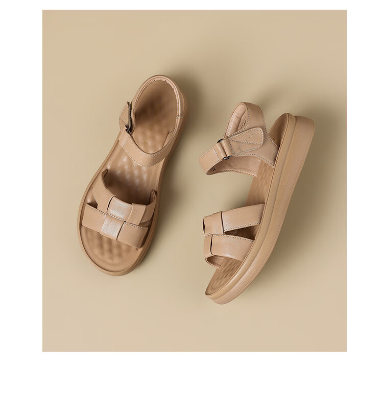 ZHR Women's Thick-Soled Sandals Summer New First Layer Cowhide Beach Shoes Comfortable Casual Woven Shoes EQ30 Apricot Size 40 17