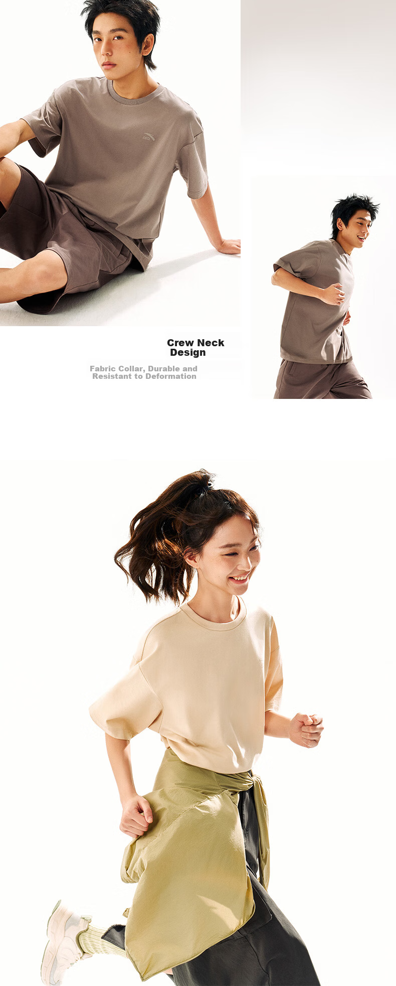 Anta Casual Short Sleeve T-Shirt Unisex Summer Simple Solid Color Crew Neck Sports Base Shirt Loose Fit Couple Top 10