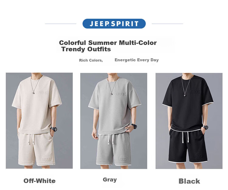 JEEP SPIRIT Men's Summer Waffle Short Sleeve T-Shirt and Shorts Set Casual Sports Two-Piece Suit Off-White L 3