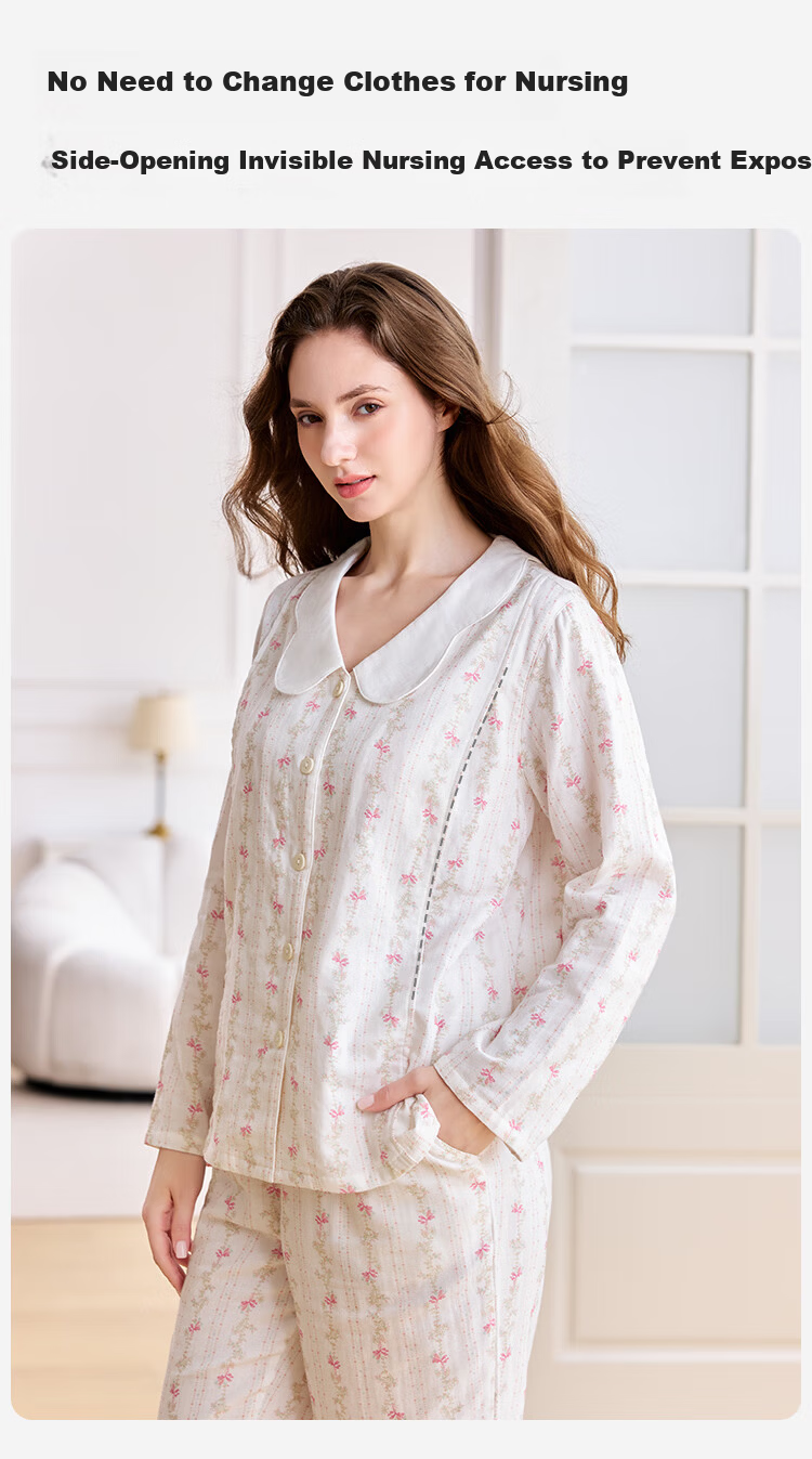 Ying's Maternity Postpartum Set Autumn New 10A Antibacterial Double-Layer Cotton Gauze Nursing Pajamas Homewear Pink M 15