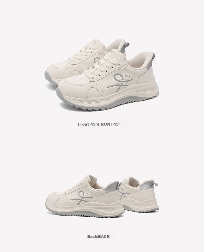 Basto Women's New Flash-On Sports Casual Shoes Wide Width Thick Sole Height Increasing Breathable White Sneakers S1187AM6 Beige Size 35 8