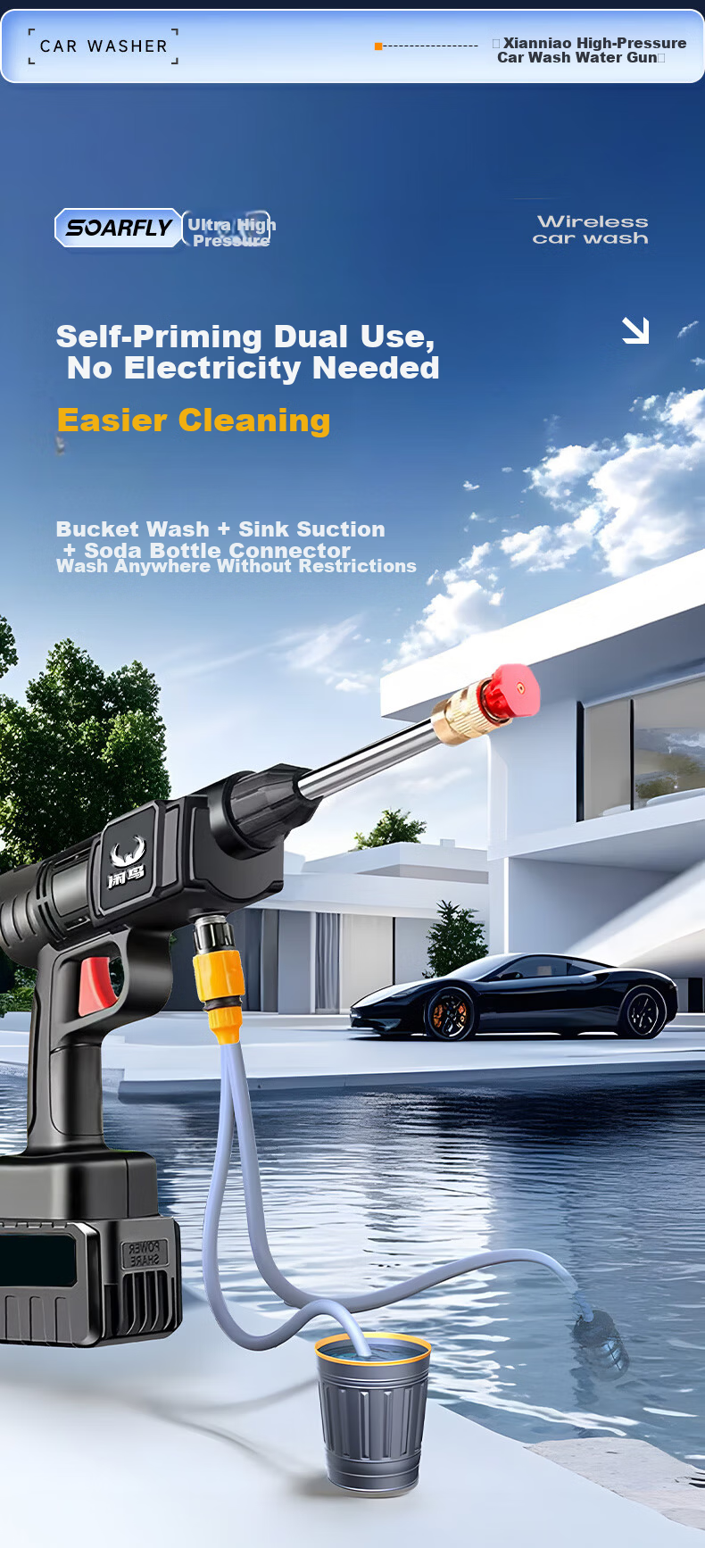 XIANNIAO Wireless High-Pressure Water Gun Car Washer Home Car Cleaning Kit Yard Spray Cleaning Lithium Battery Car Wash Pump 10