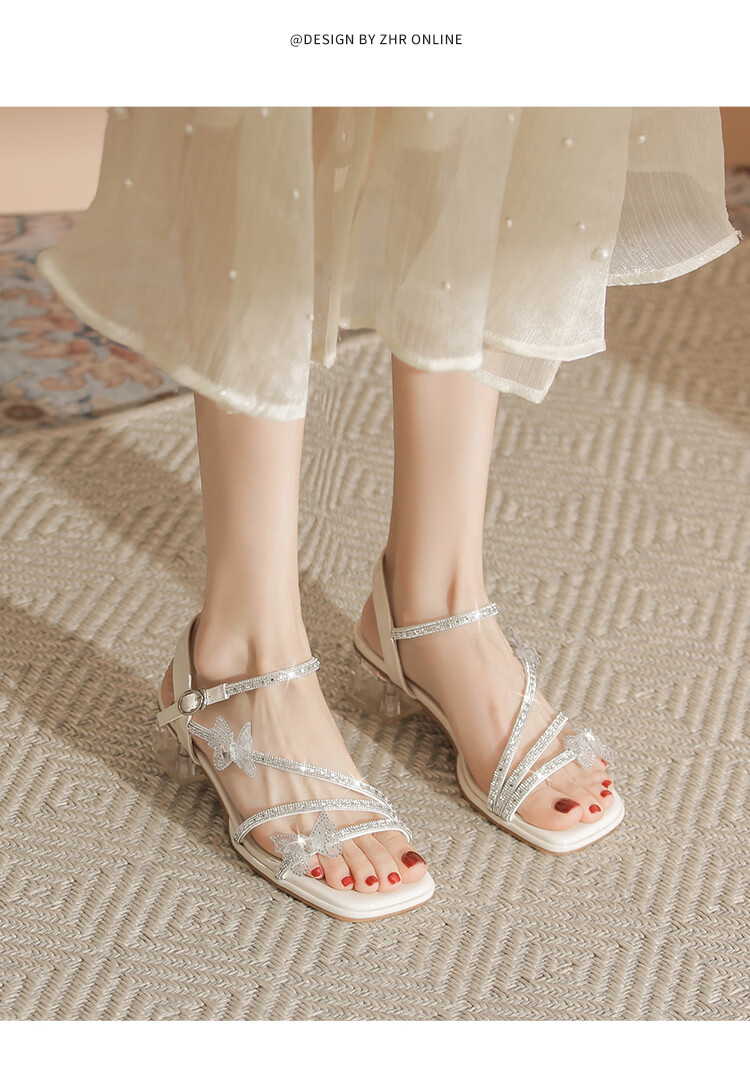 ZHR Women's Summer New French Style Rhinestone Chunky Heel Sandals Butterfly Strap Slip-On Sandals KN328 Silver Size 35 12