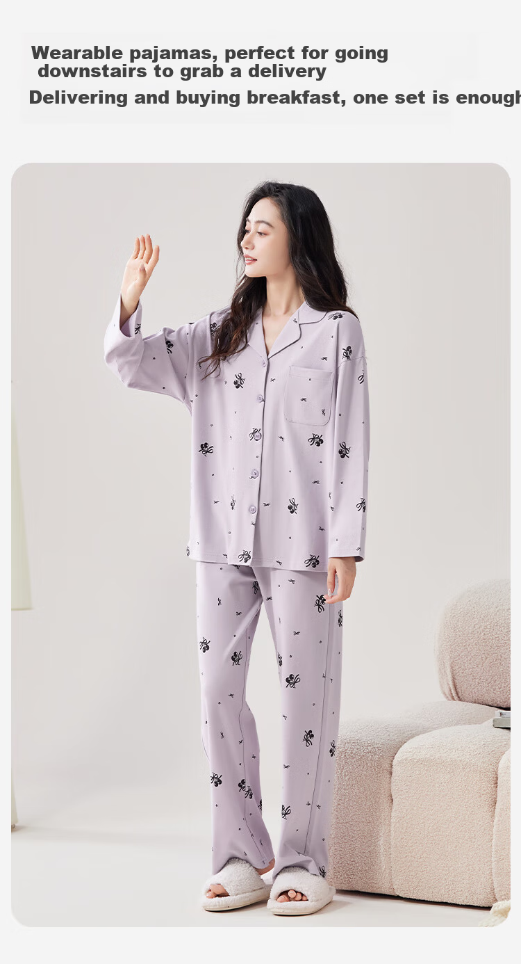 LangSha 100% Cotton 10A Antibacterial Women's Pajama Set Spring Summer Pure Cotton Cardigan Loungewear Suitable for Outdoor Wear 2026 7