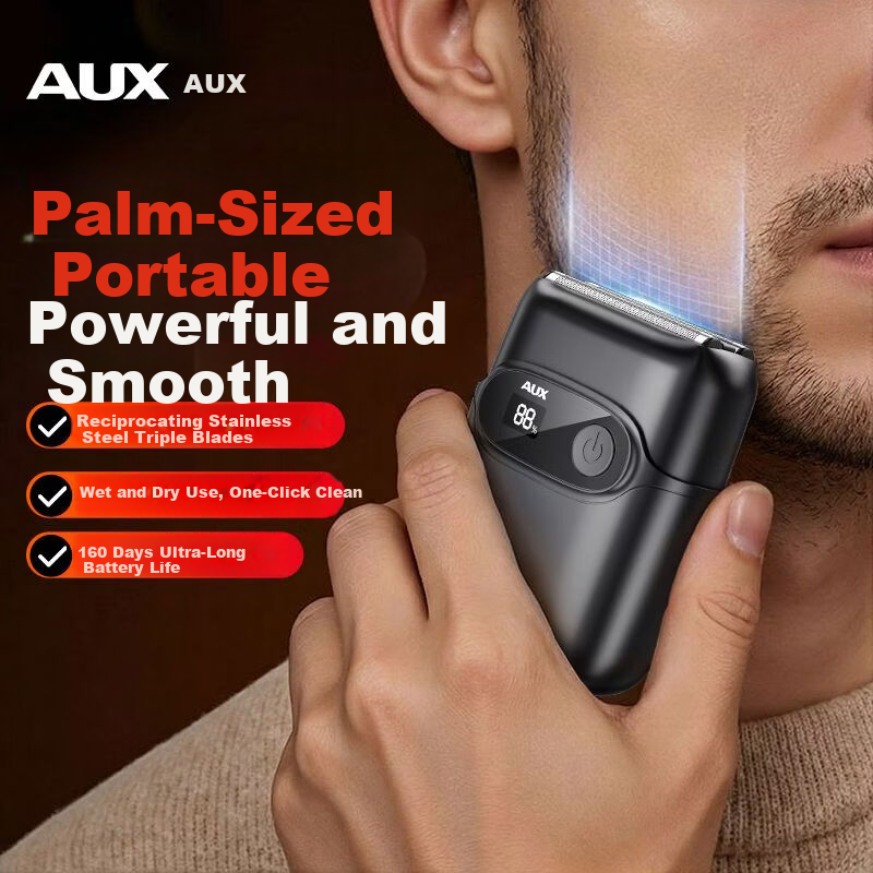 AUX Portable Palm-Sized Reciprocating Electric Shaver for Men, Compact Electric Razor, Travel-Friendly Beard Trimmer, Men's Gift