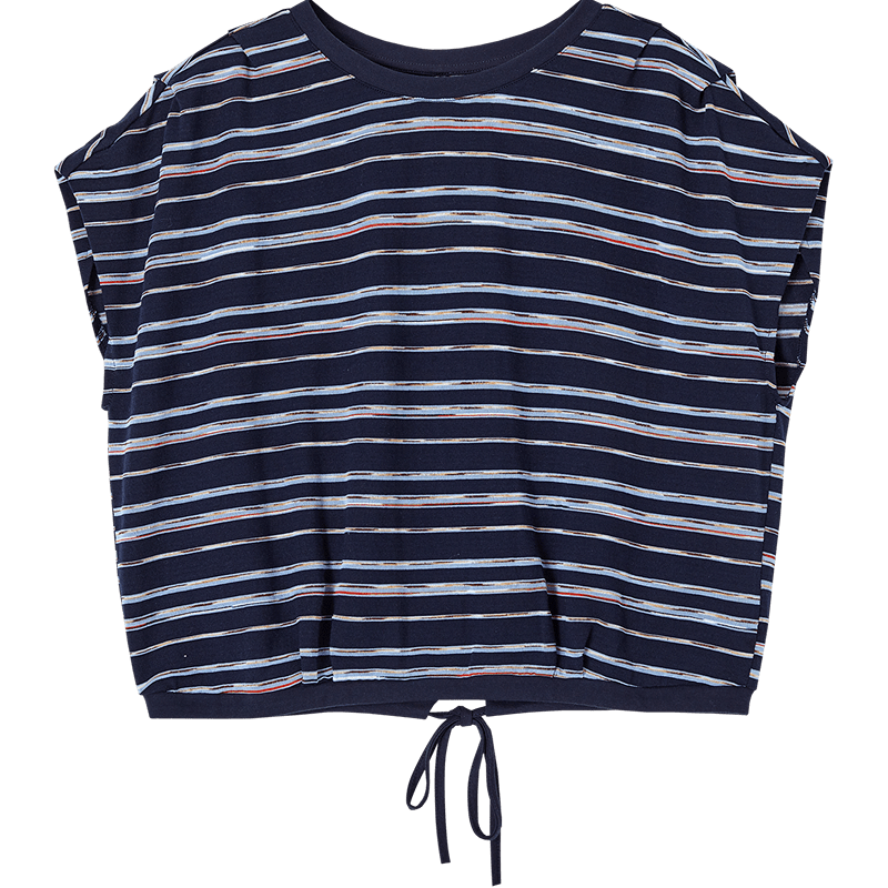 Demana [Cloud Oxygen Cotton Series] Summer Vintage Striped Sleeve-Covered Pleated Drawstring Slim Fit Petite T-Shirt for Women Premium Feel