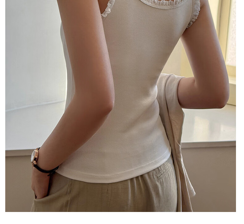 Modal Ribbed Cotton Camisole Tank Top for Women with Wheat Ear Lace Trim Slim Fit Basic Outerwear in Beige 23