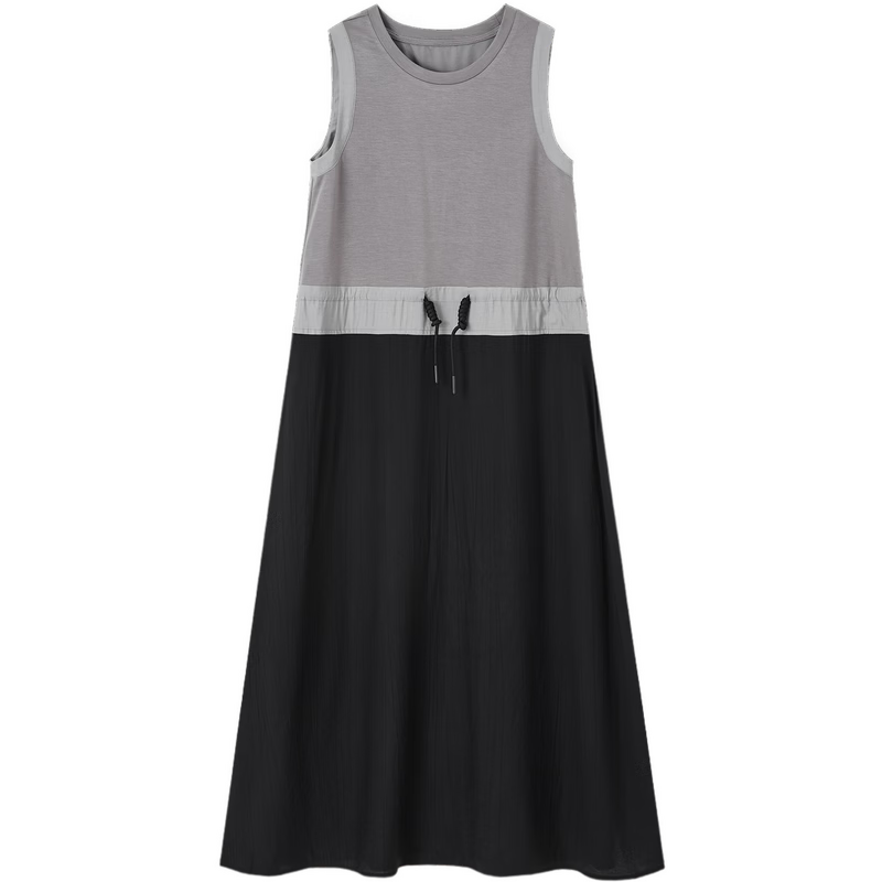 MT Relax Trio Summer Urban Colorblock Drawstring Crew Neck Sleeveless T-Shirt Style Long Dress for Women