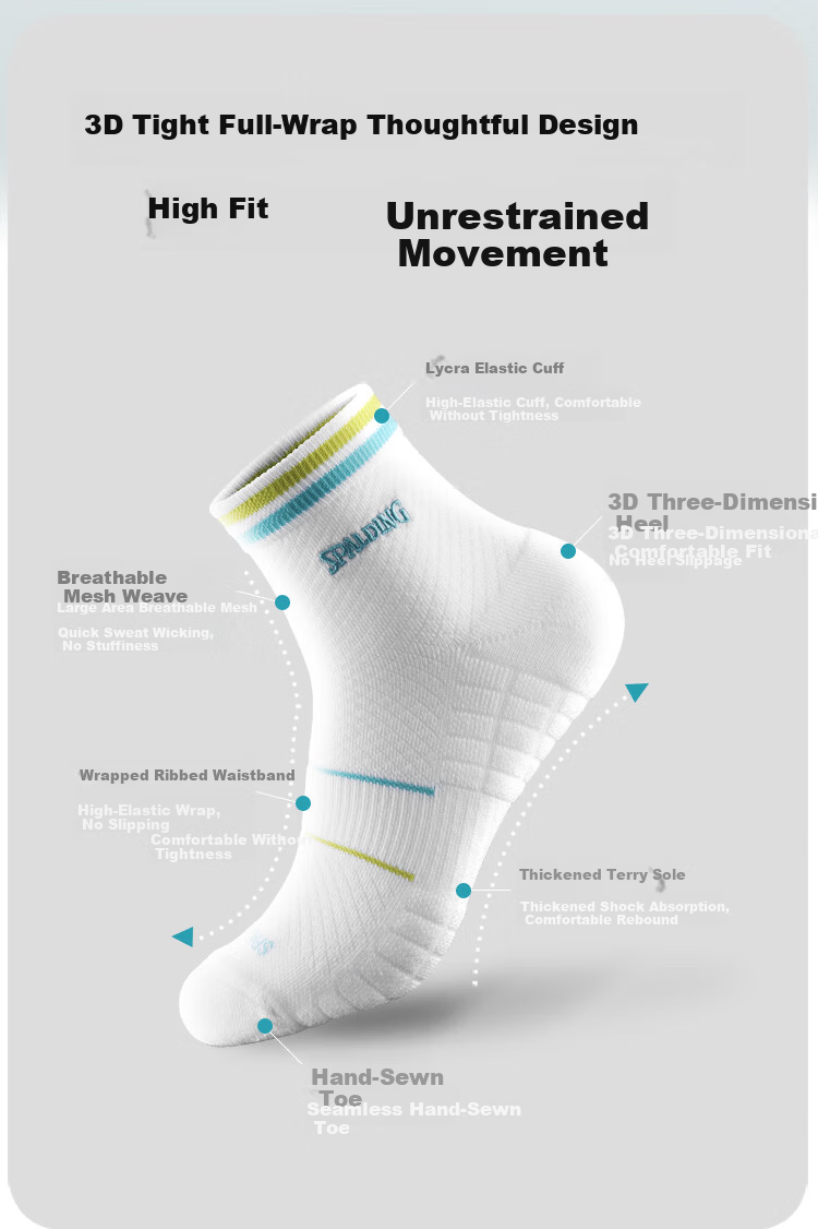 SPALDING Men's Professional Thickened Cotton Towel Bottom Badminton Socks Sweat-Absorbing Breathable Running Shock-Absorbing Sports Socks White Gray 2
