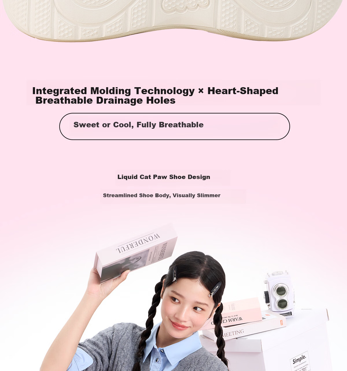 GOTO Women's Summer Peach Heart Hollow Sandals 6cm Height Increase Non-Slip Cloud Support Elastic Beach Slippers 9
