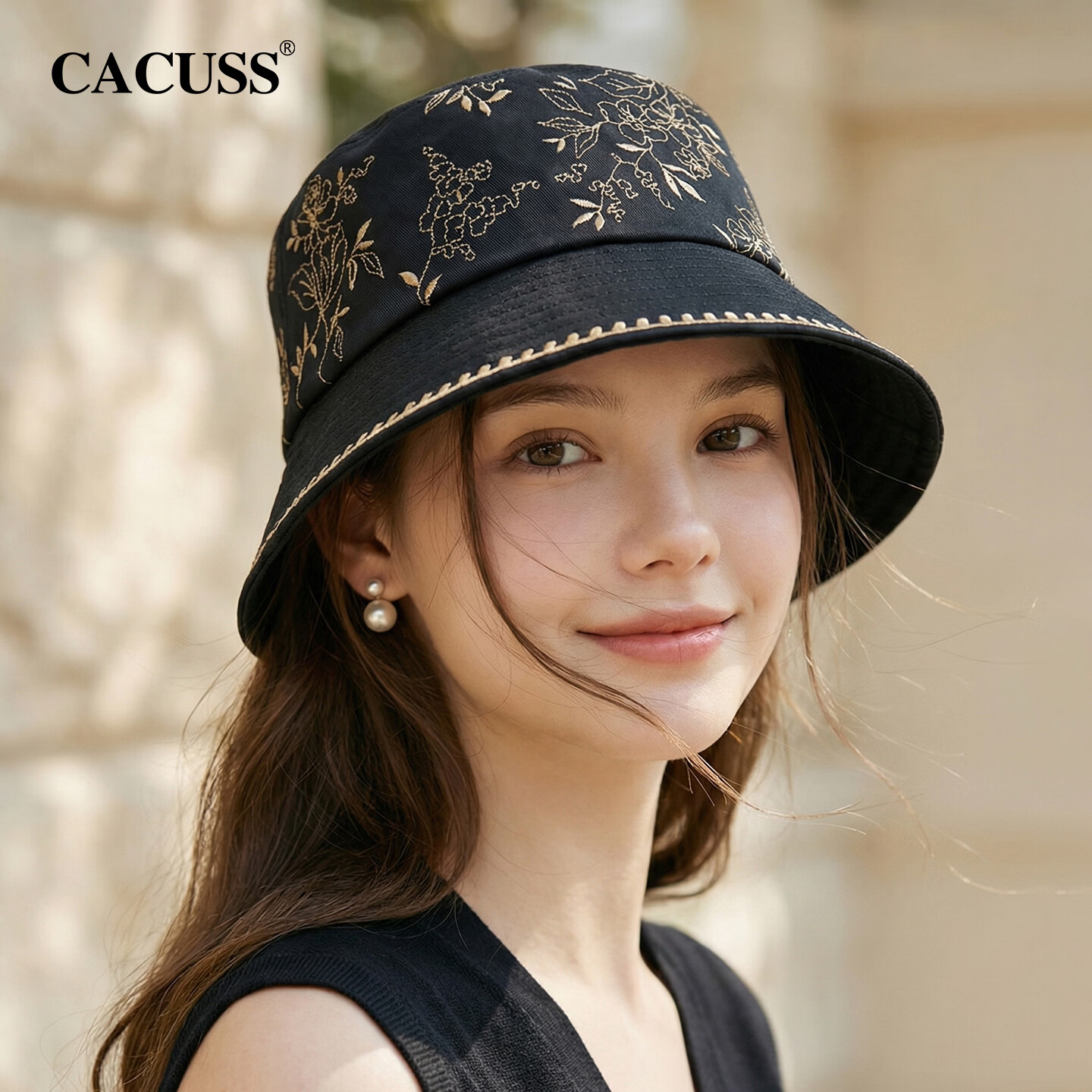 CACUSS Women's Fisherman Hat Spring Summer Pure Cotton Face-Slimming Sunshade Outdoor Casual Bucket Hat National Style Embroidery Ink Jade Black