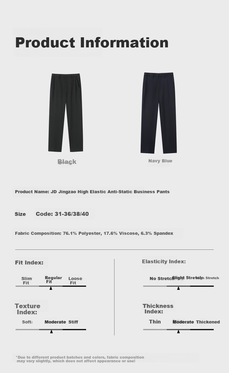 JD Jingzao High Elastic Anti-Static Casual Pants Men Autumn New Business Wrinkle-Resistant Trousers Navy Blue 35 17