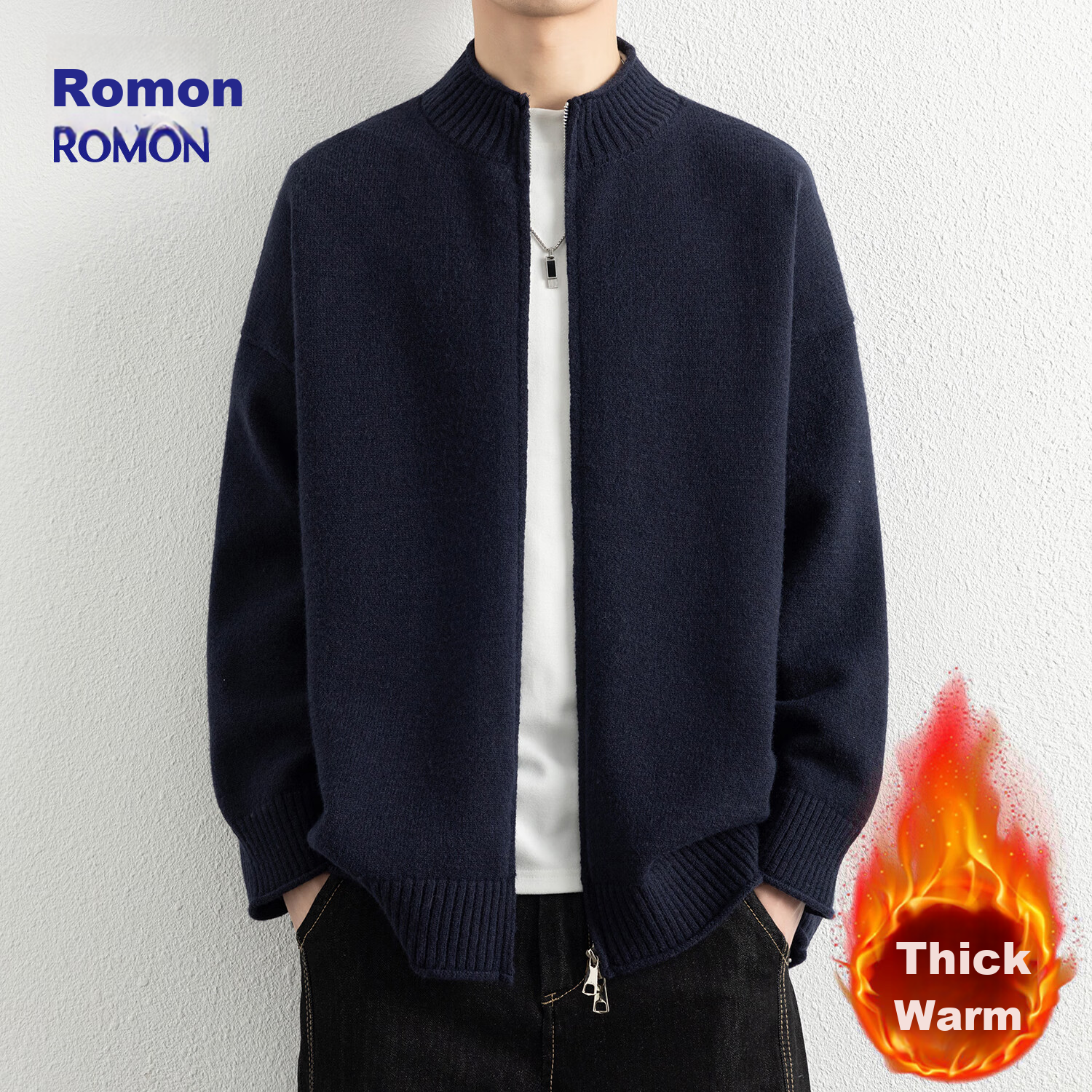 ROMON Men's Knitwear Spring Autumn Casual Loose Drop Shoulder Cardigan Sweater Stand Collar Jacket Navy 3XL ST10
