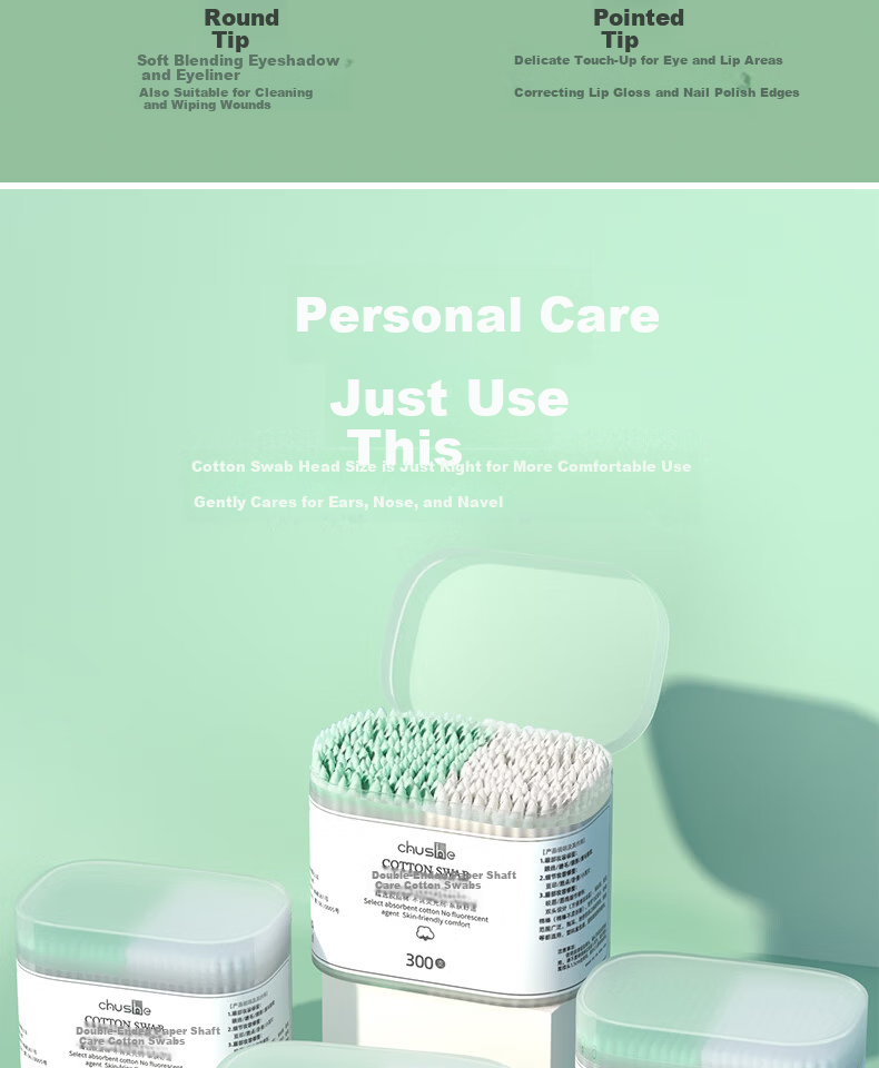 CHUSHE Disposable Double-Ended Cotton Swabs White and Blue Dual Color 300pcs 2 Boxes Paper Shaft Ear Cleaning Multi-Purpose Spiral Head Beauty 9