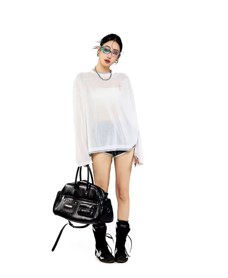 ICH MODE Women's Summer Physical Sun Protection Layered Look Lyocell Cooling Long Sleeve T-Shirt, Casual Top, Off-White, Size M 7