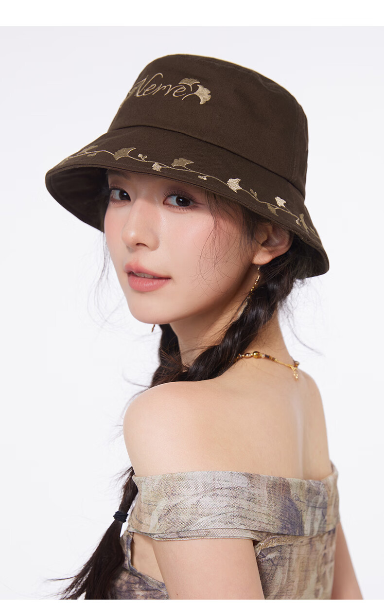 CACUSS Women's Summer Embroidered Bucket Hat Casual Face-Slimming Pure Cotton Sun Hat Caramel Brown 9