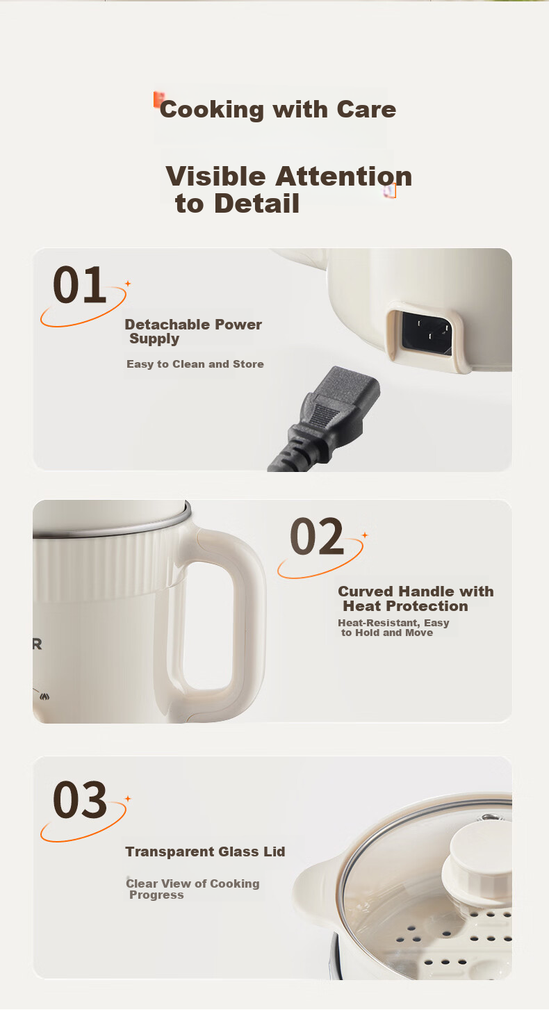 SUPOR Stainless Steel Electric Cooking Pot 0-Coating Small Electric Steamer Multi-Functional Household Dormitory Instant Noodle Mini Hot Pot with Steaming Rack Small Stewing Pot Integrated Steaming an 16