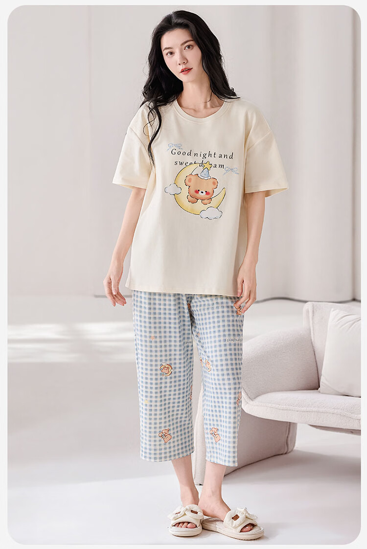 Langsha Women's Summer Pajamas 100% Cotton with Built-in Bra Short Sleeve and Capri Pants Homewear Set New Apricot Little Elephant 9