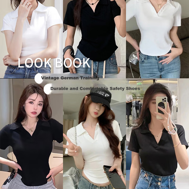 Langsha Women's Short Sleeve V-Neck T-Shirt Summer Fashion Versatile High-End Black Slim Fit Crop Top