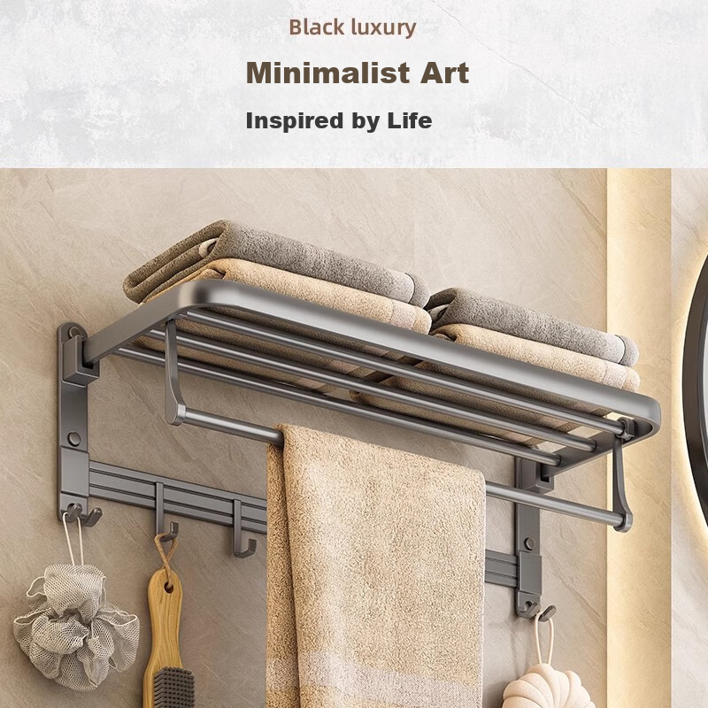 Youqin Gunmetal Towel Rack Bathroom No-Drill Towel Storage Rack Wall-Mounted Space Aluminum Bathroom Toilet Hanging Rod