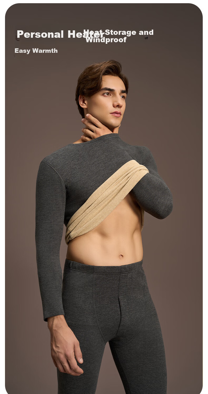 GUJIN Men's Thermal Set Camel Hair Silk Autumn Winter Base Layer Fleece Lined Quick Warm Antibacterial 10A 6
