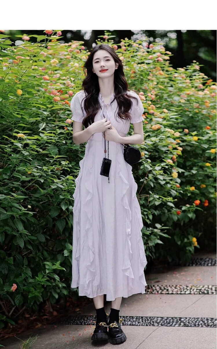 Mt [Early Summer Time] Summer Dopamine Fresh Lace-up V-neck Ruffle Puff Sleeve Waist-cinching Elegant Dress 5