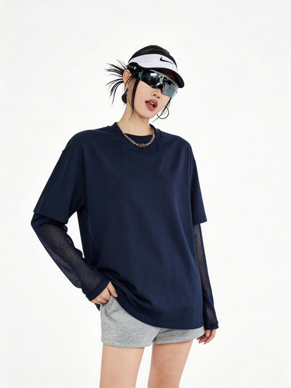 ICH MODE American Vintage Two-in-One Long Sleeve T-Shirt Women 2026 New Summer Casual Simple Top Navy Blue L 8