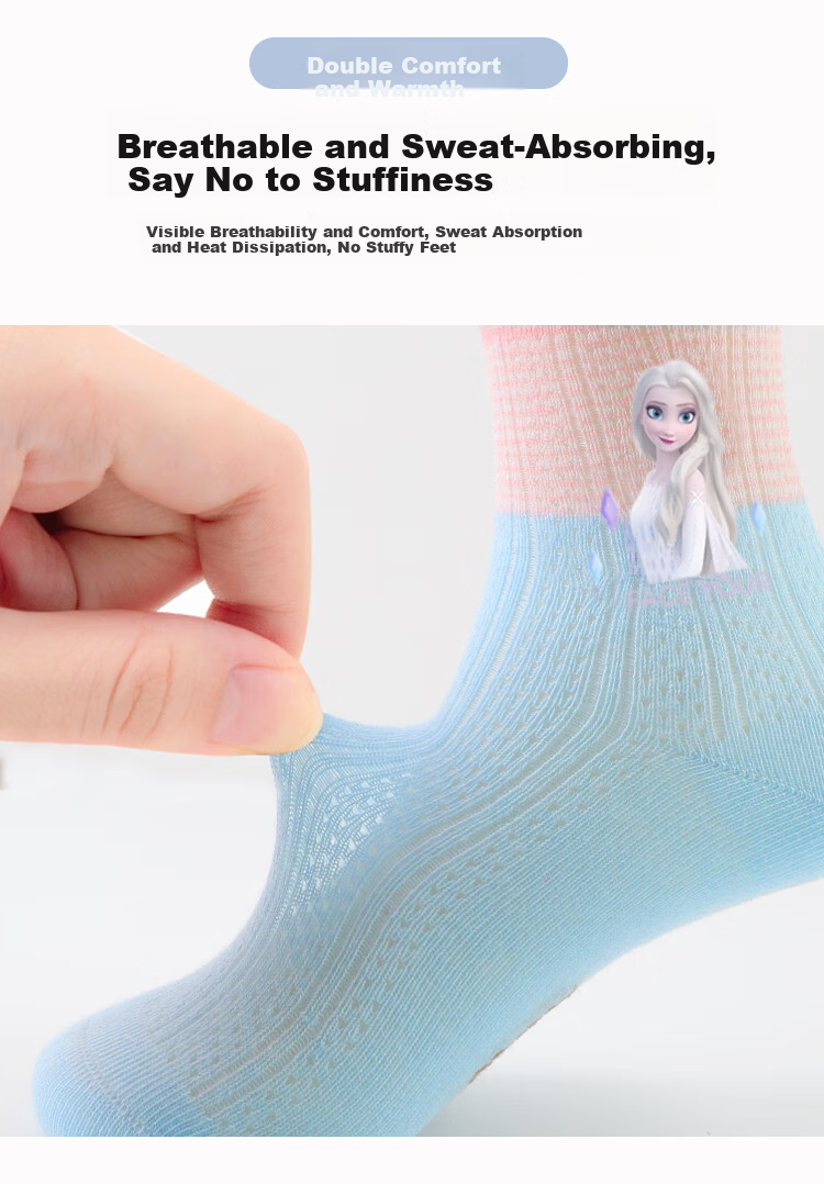 Disney Kids Socks Spring Summer Mesh Breathable Girls Cotton Socks Frozen Lace Mid-Calf Socks DSP3582 4 Pairs 20-22cm 5
