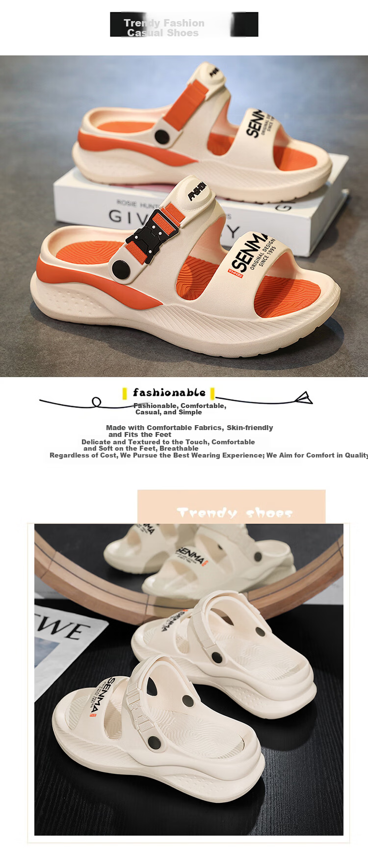 Senma Men's Summer Slippers Soft Sole Outdoor Sports Non-Slip Sandals Dual-Use Black Gray Size 40-41 8