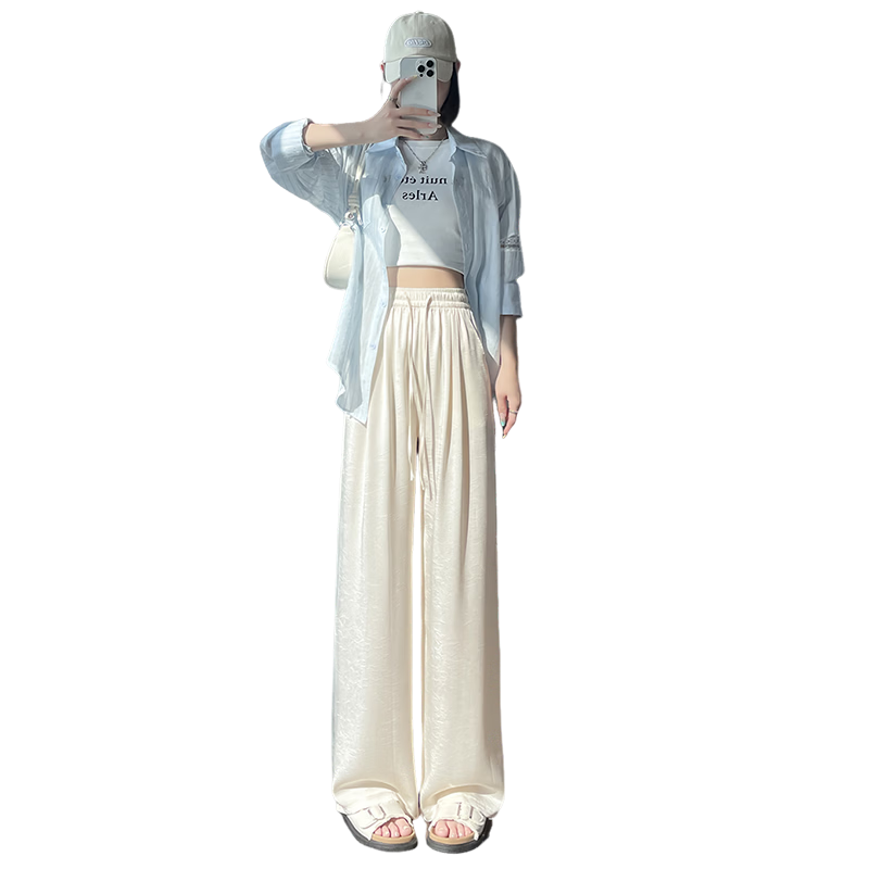 Xueqiman Acetate Satin Chinese Style Wide-Leg Pants 2026 Women's New Cool Draped Slim Casual Trousers