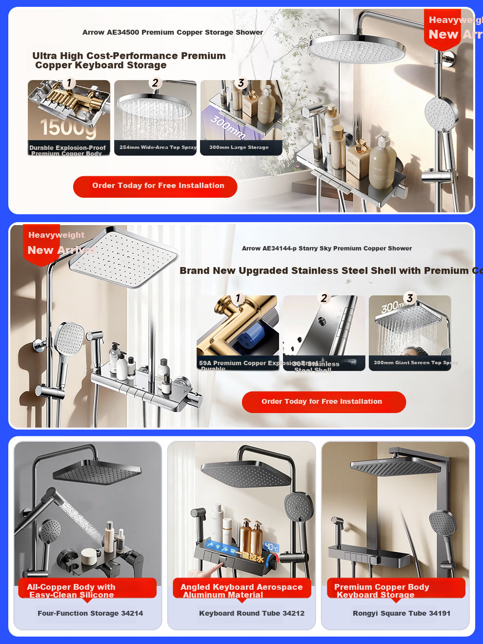 ARROW Shower Head, All-Copper Body, Top Spray, Handheld Sprayer, Pressure Boosting [Renovation Subsidy 15%] 1
