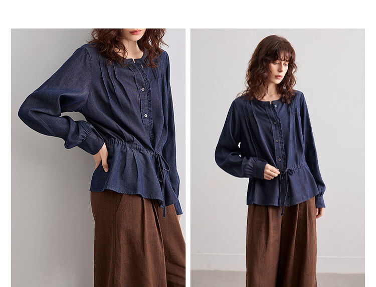 Demana [100 Lyocell] Spring French Style Round Neck Ruffle Drawstring Denim Shirt for Women Premium 8