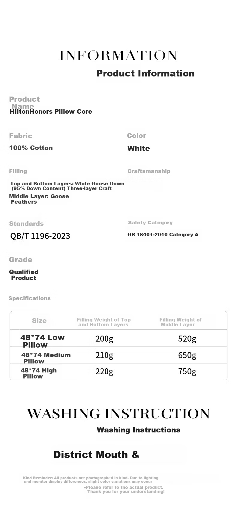Hilton 95% White Goose Down Pillow Hotel Grade 100-Thread Count Class A Down Pillow Single 48x74cm High Loft 12
