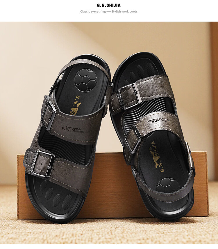 Bull Family Men's Leather Sandals Summer New Casual Outdoor Breathable Beach Shoes Men's Sports Driving Dual-Purpose Slippers 23