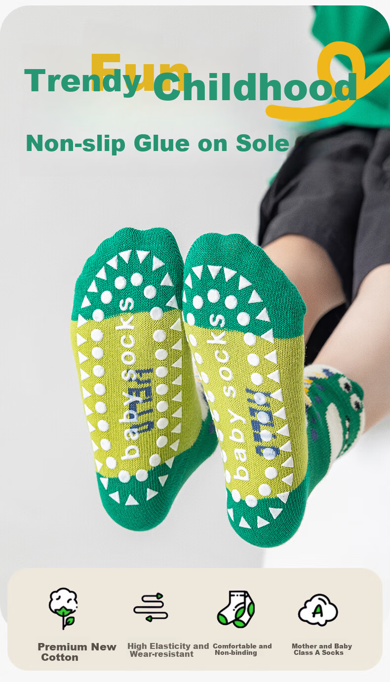 MiiOW Kids Non-Slip Anti-Cold Cotton Autumn Winter Boys Floor Socks Cartoon Green Dinosaur Sports Indoor Baby Socks 1